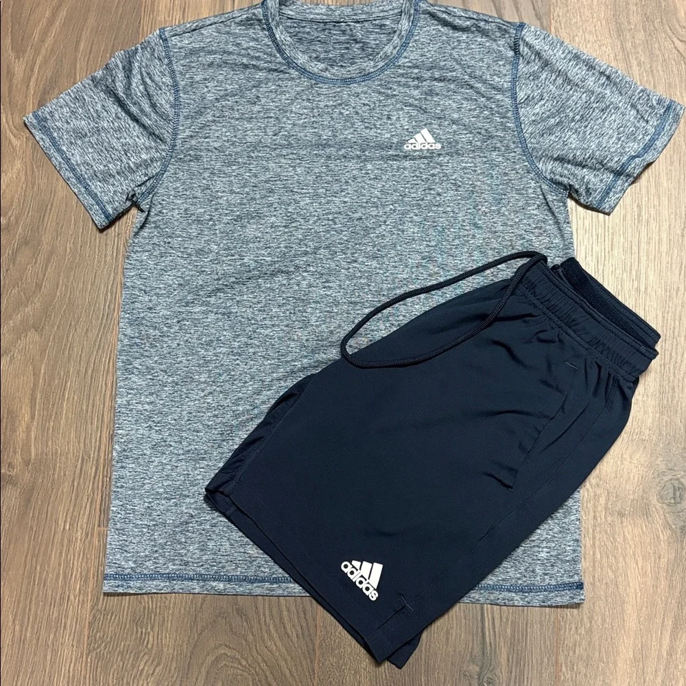 Adidas Bundle Men’s Active Navy Athletic Shorts / blue heathered Dry Fit Tee - M
